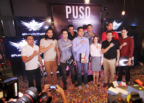 Max's Restaurant supports Gilas Pilipinas through the #PusoToTheMax campaign. Demonstrating their commitment and their  "Puso to the Max" gesture are Gilas Players (left to right) Jason Castro, Jared Dillinger, Larry Fonacier, Jimmy Alapag, Ranidel de Ocampo, Junmar Fajardo, Marc Pingris, together with Gilas Head Coach Chot Reyes and Max's representatives Ms. Carolyn Salud, CEO for Max's Restaurant, and  Mr. Mark Gamboa, Marketing Director for Max's Group of Companies.